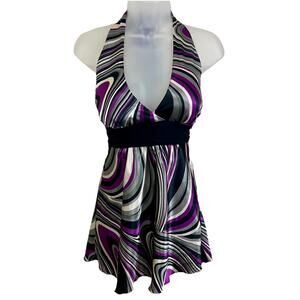 Vintage Y2K Satin Halter Babydoll Top S Small Blue Sketch Swirl Retro Futurism